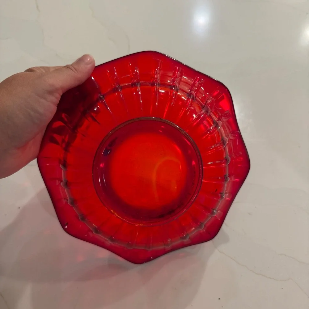 Fenton Ruby Red Ribbed Glass Bowl Scalloped Edge Fluted Mid-Century Modern